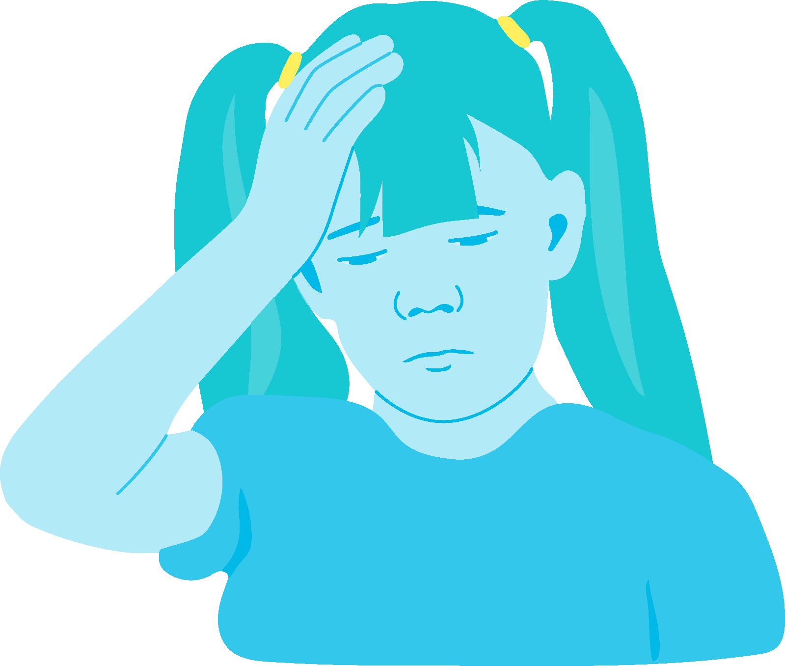 Young girl with ponytails holding a hand to her head.