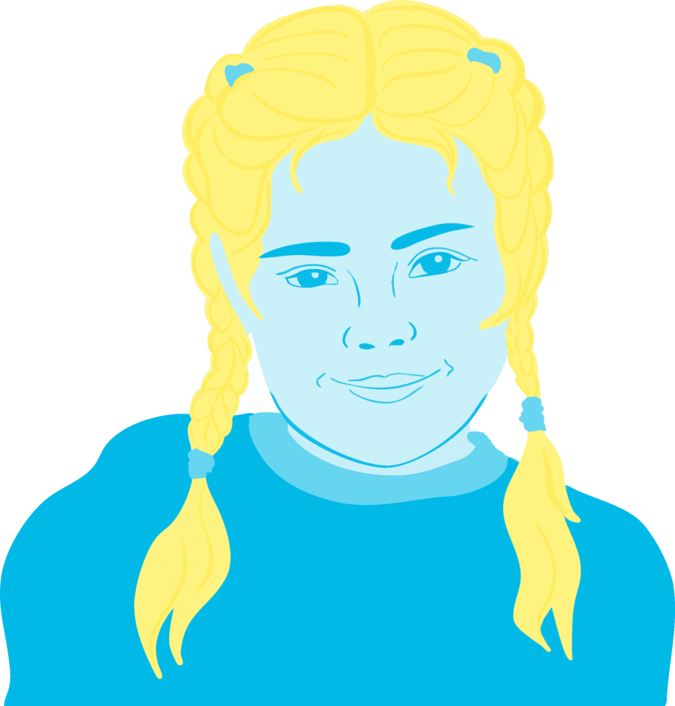 Girl with blonde hair in two braids wearing a blue shirt, face straight ahead.