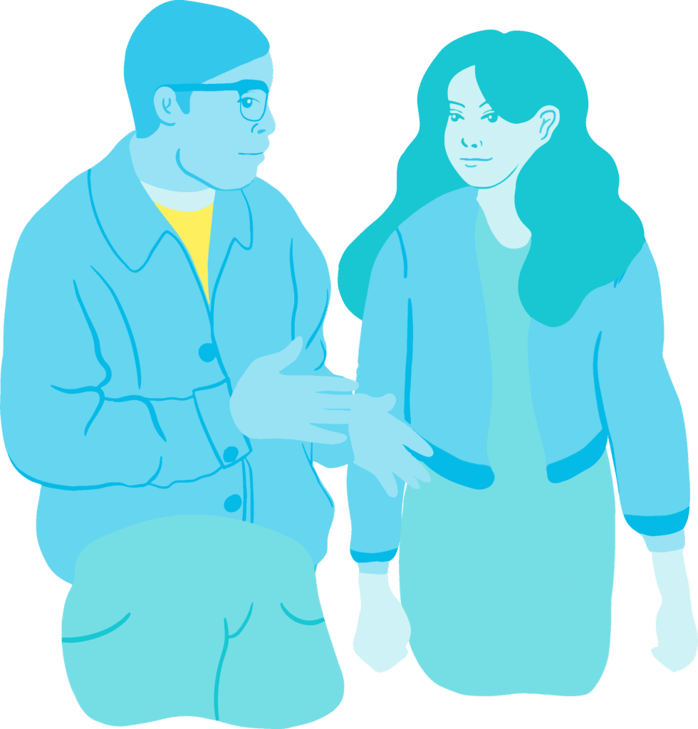 Two people in jackets standing side by side, with their faces turned towards each other.