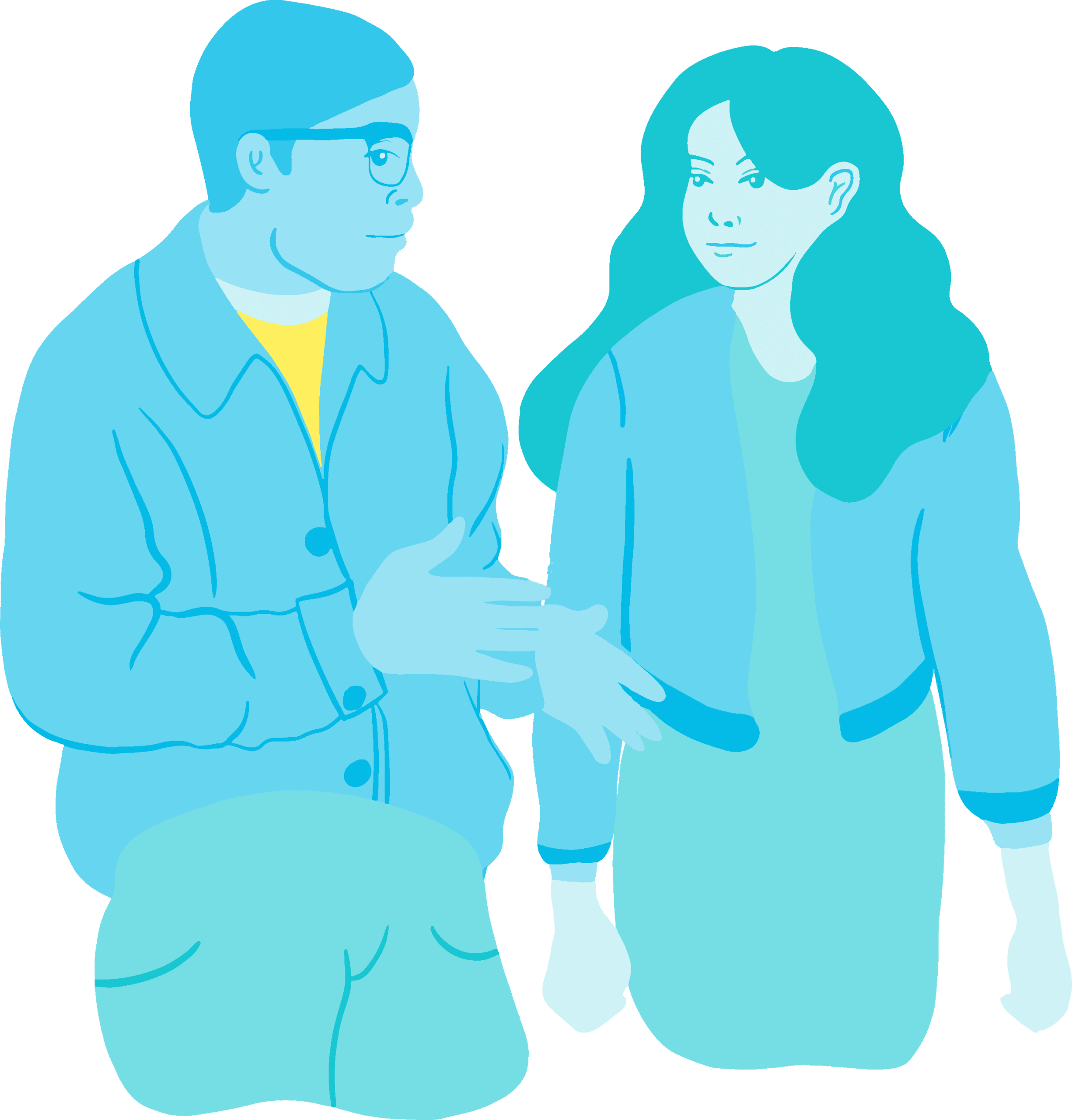 Two people in jackets standing side by side, with their faces turned towards each other.