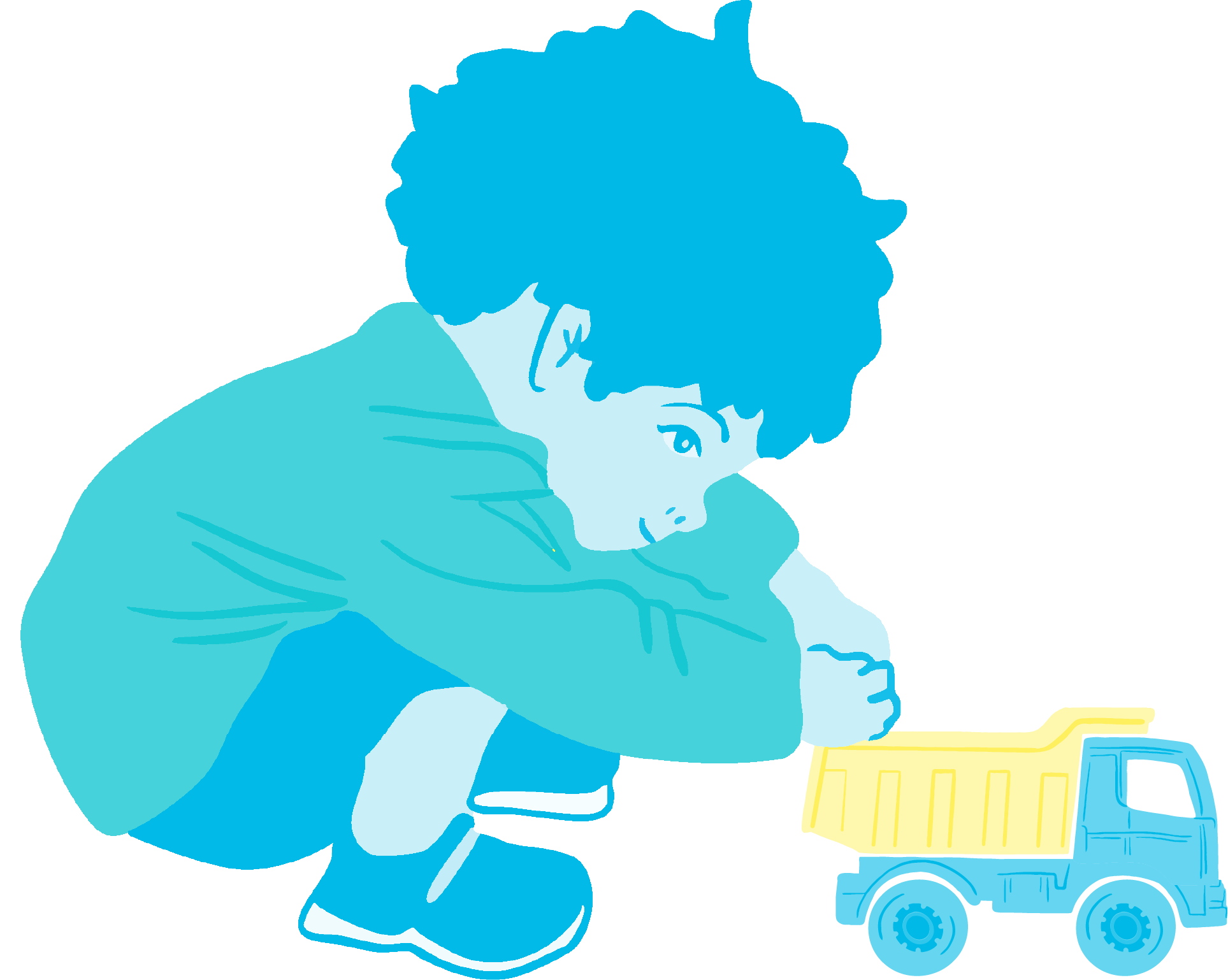 Toddler bending knees next to a toy lorry.