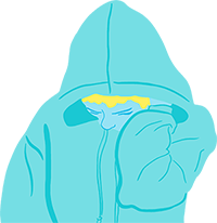 Boy with his head bowed, wearing a hoodie with the hood up.