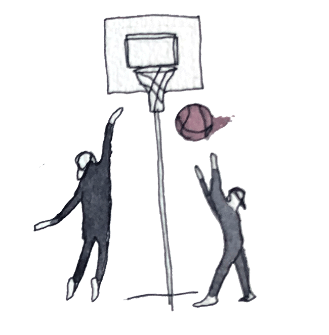 Två personer spelar basket vid en korg, tecknade med tunna svarta linjer och akvarellfärg. Illustration.