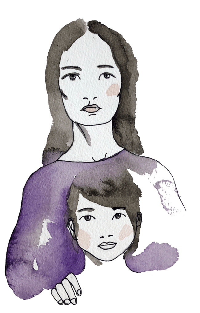 Två personer tecknade med tunna svarta linjer och akvarellfärg, där en mindre person syns framför en större person. Kläderna är målade i lila och håret i mörka toner. Illustration.