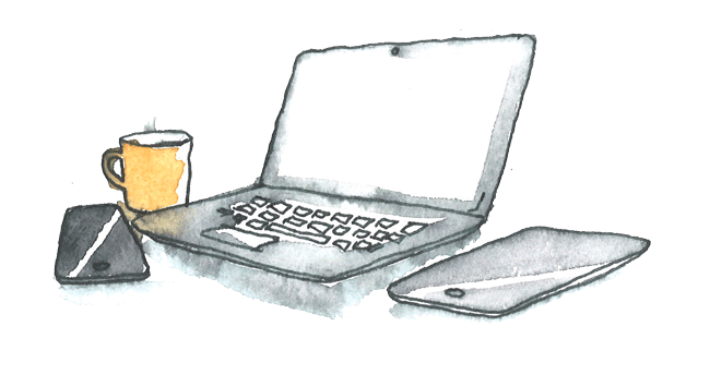 Illustration av en dator, tablet och mobil med kaffekopp i bakgrunden