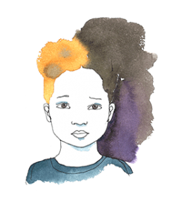 Ansikte på en ung flicka med uppsatt hår framför en mörk skugga.