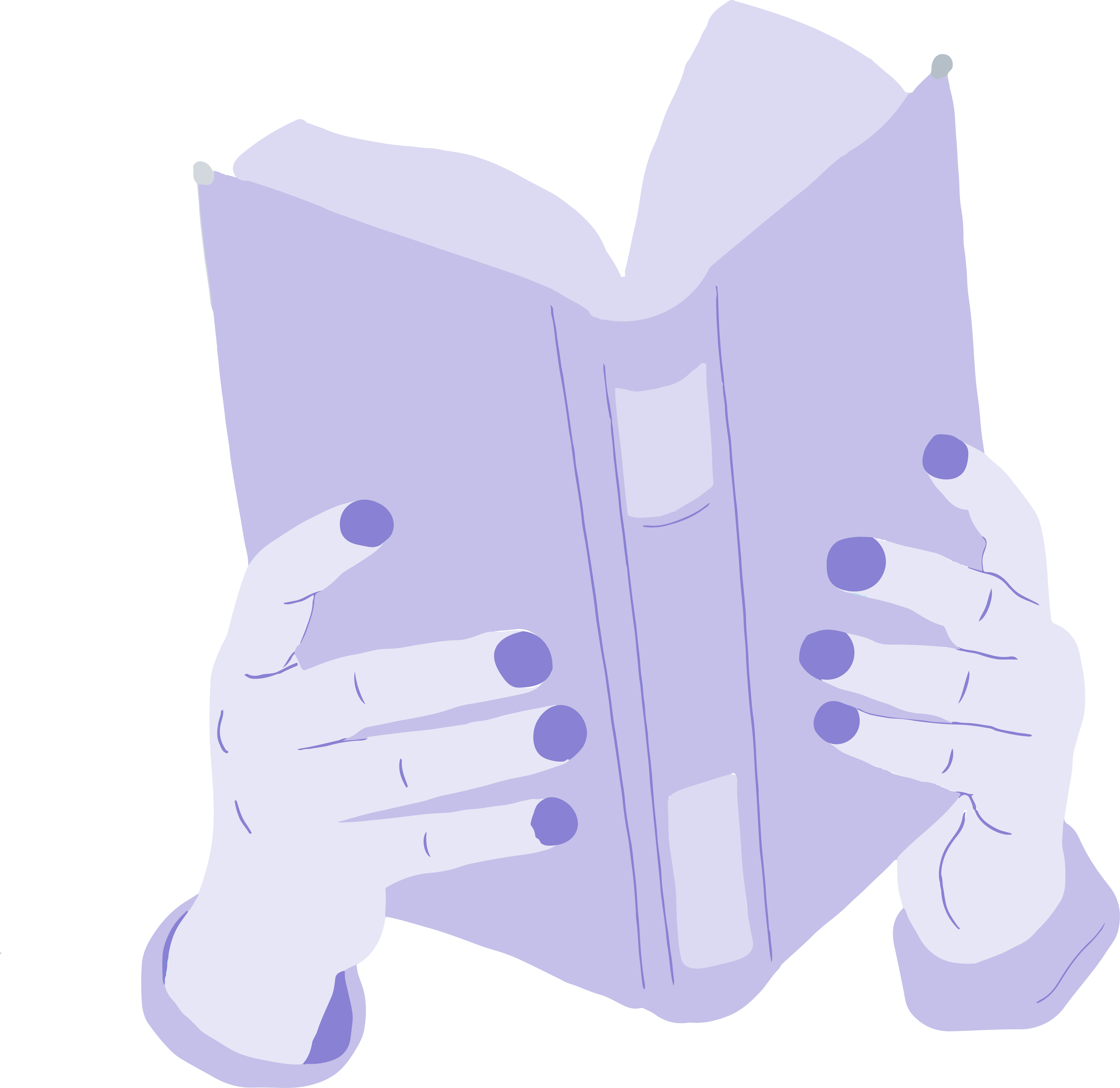 Två händer som håller i en bok med öppet siduppslag.