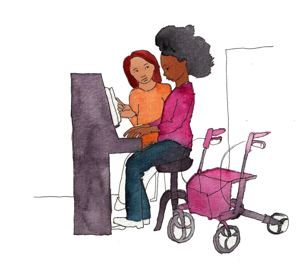 En pianolärare och elev spelar piano. Bredvid pianot står en rullator.