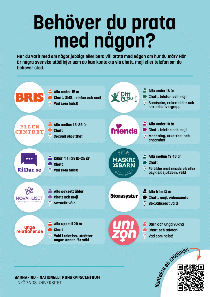 Barnafrids affisch med kontaktuppgifter till stödlinjer.