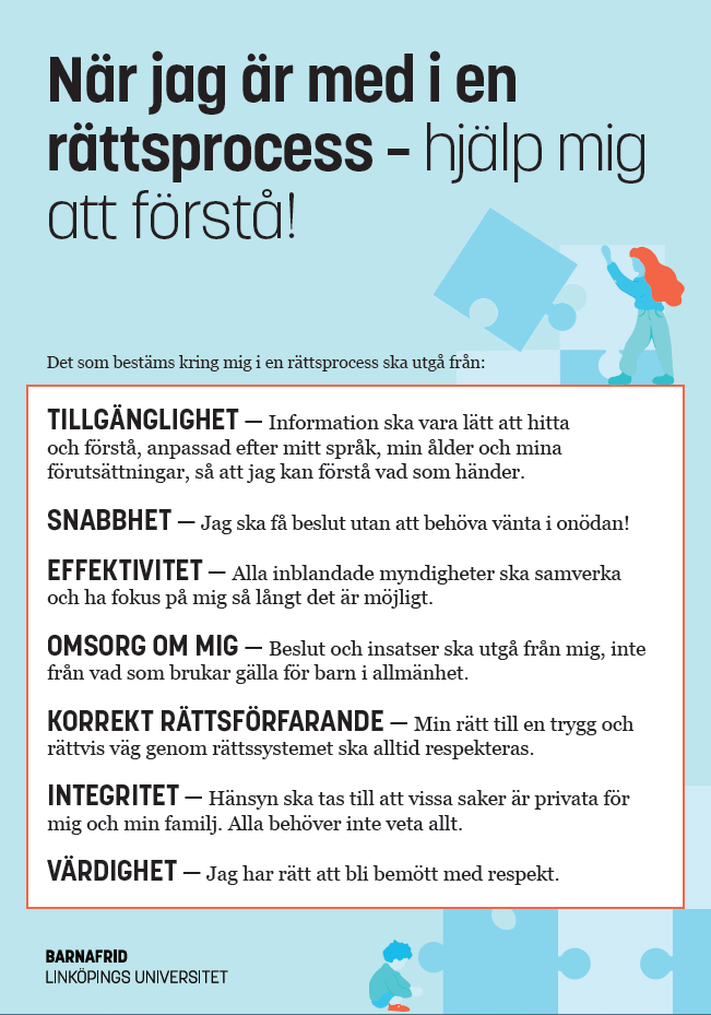 Affisch med barnets rättigheter under en rättsprocess.