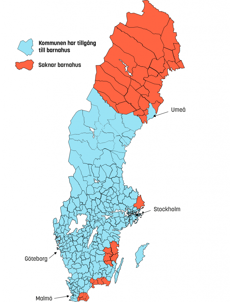 Karta över Sveriges kommuner som visar tillgång eller avsaknad av barnahus.